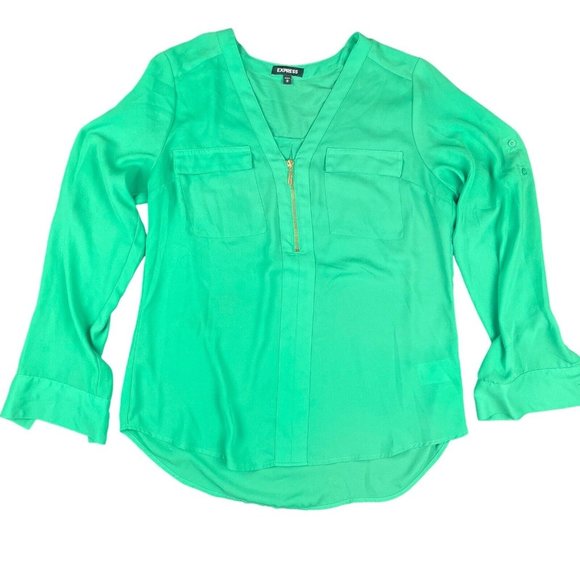 Express Lot Of 2 Blouses Shirts Black White Polka Dot Portofino Green Women's M - Picture 14 of 16